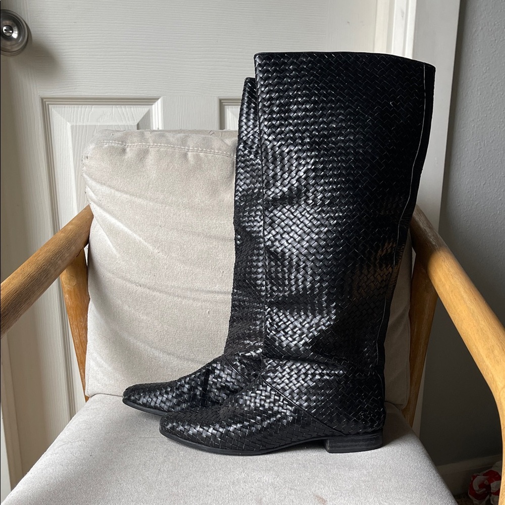 Vintage Black Basket Weave Knee High Boots - Picture 2 of 6